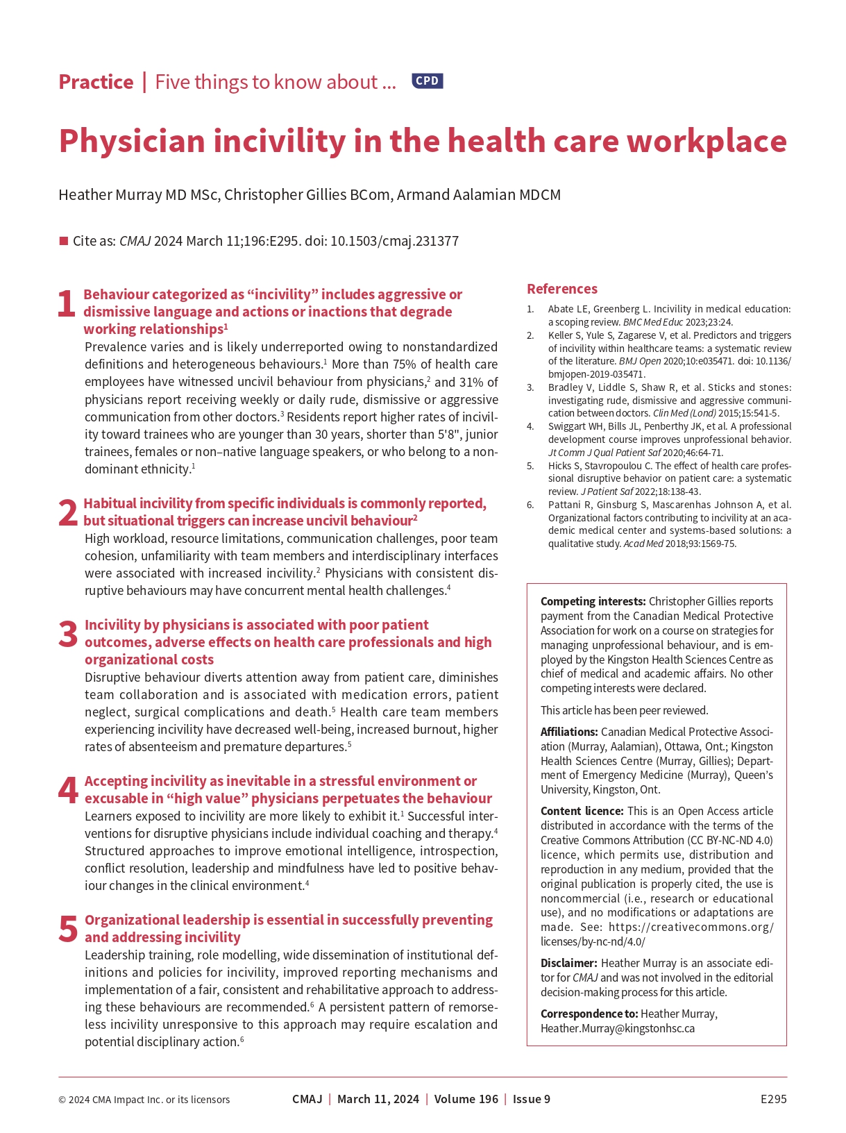 Physician incivility in the health care workplace